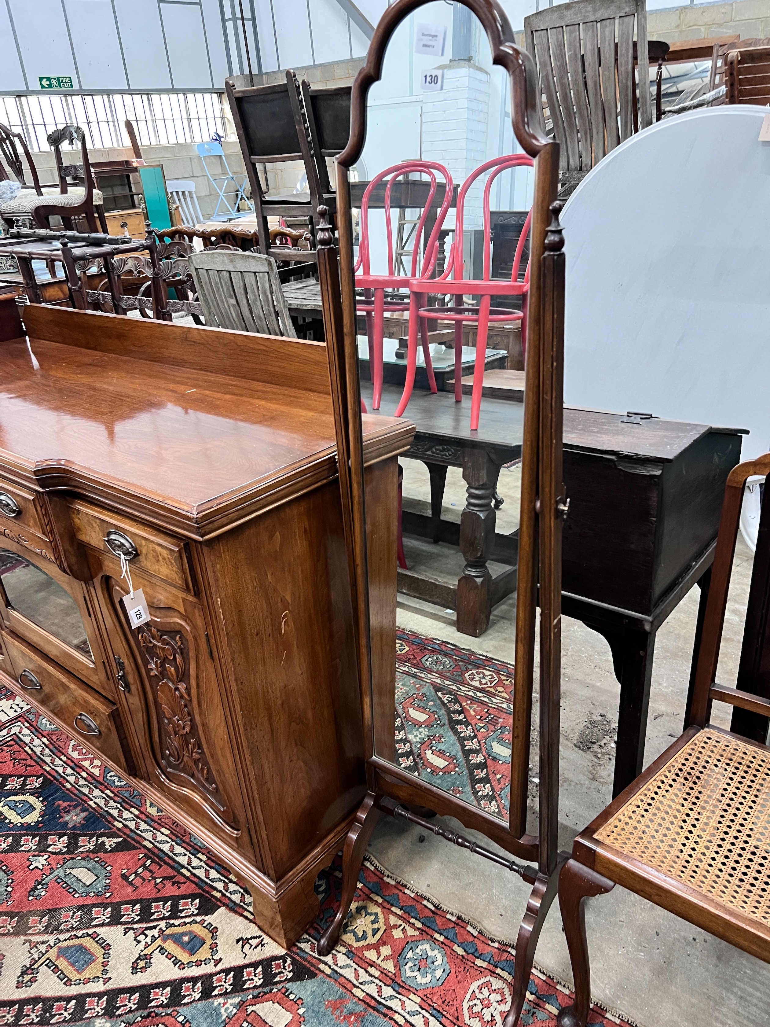 A cheval mirror, width 39cm, depth 45cm, height 159cm and a pair of chairs *Please note the sale commences at 9am.
